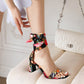 Classic Retro Printed Silk Ankle Bow Knot Heels