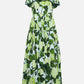 Summer Print Dress Square Collar Short Sleeve High Waist Patchwork Ruched Dress