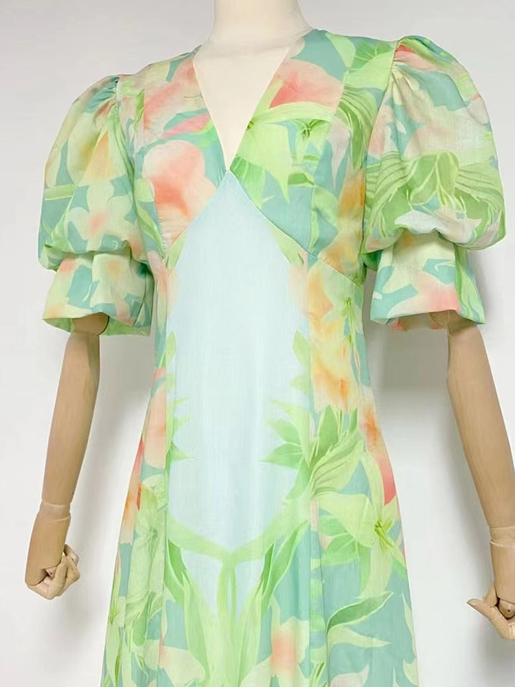 Green Printing V Neck Short Puff Sleeve High Waist Folds Long Dress