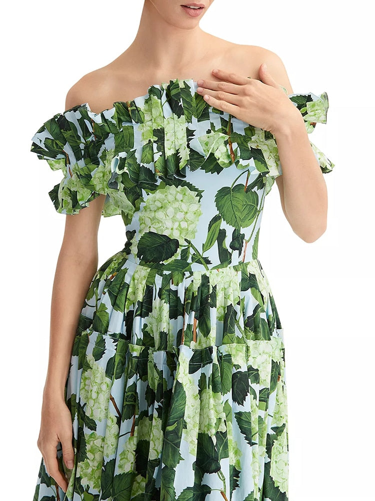 Summer Print Dress Square Collar Short Sleeve High Waist Patchwork Ruched Dress