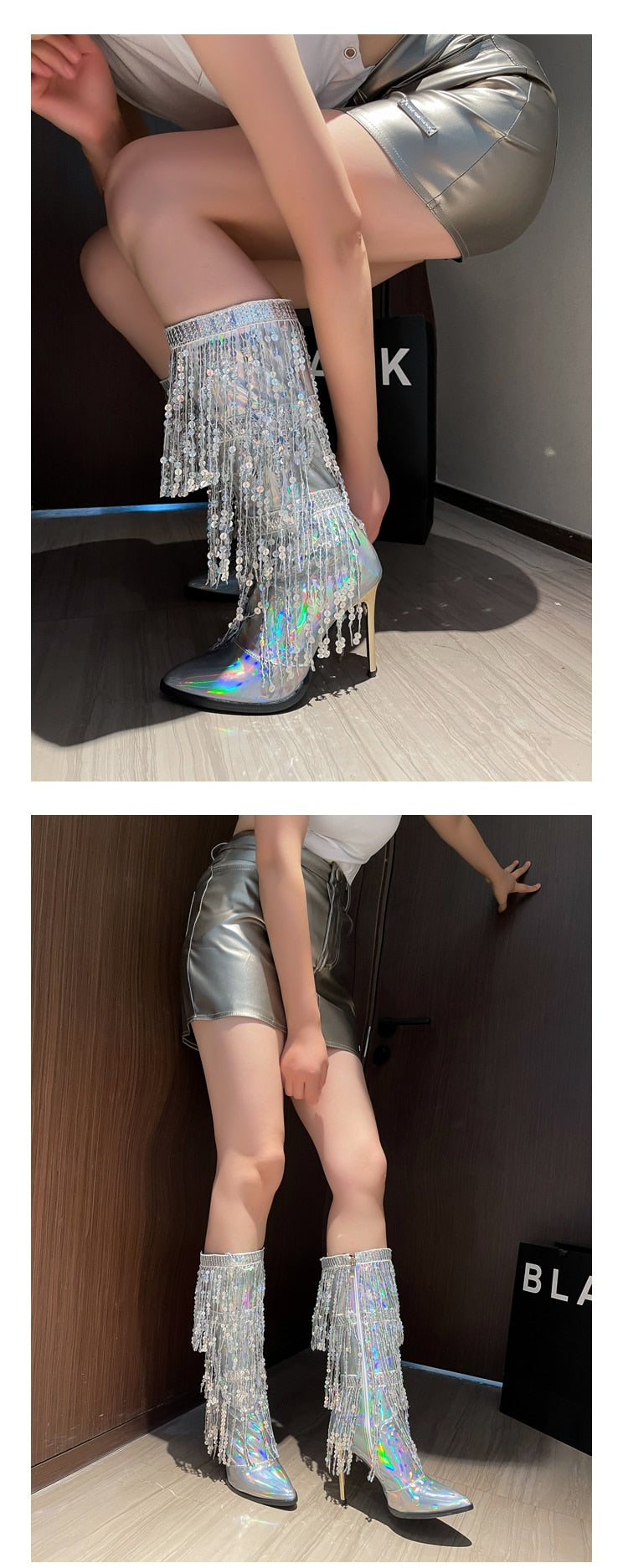 Patent Leather Rhinestone Fringed Catwalk Boots Pointed Toe Stiletto Heel Knee Boots