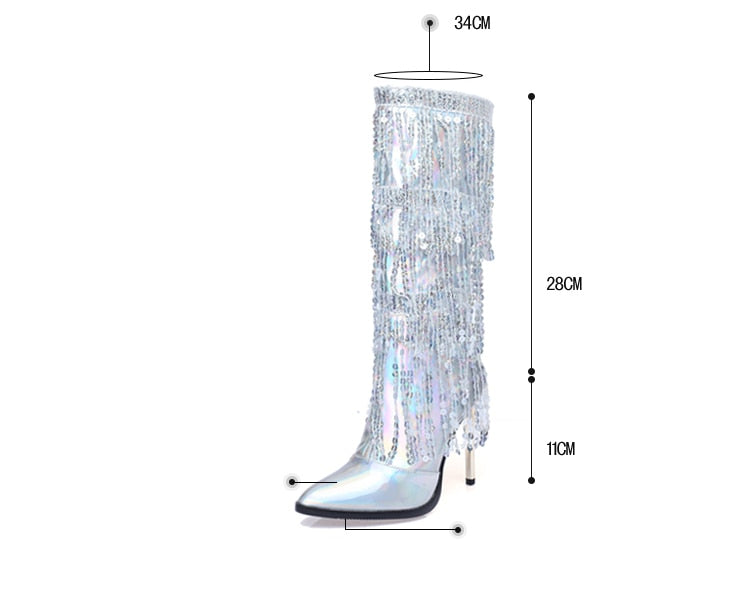 Patent Leather Rhinestone Fringed Catwalk Boots Pointed Toe Stiletto Heel Knee Boots