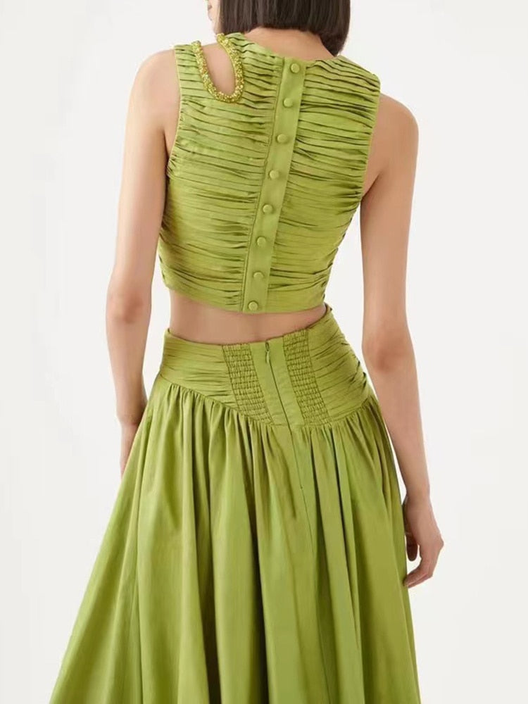 Two Piece Round Neck Sleeveless Hollow Out Crop Top Irregular Hem Pleated Skirt Set