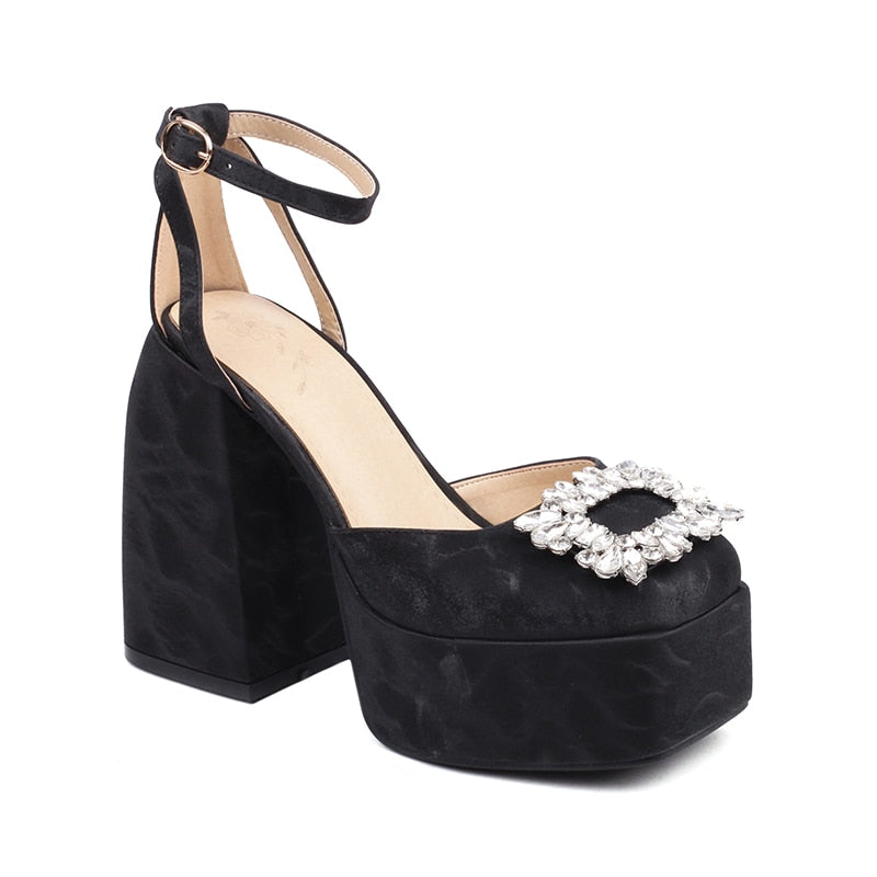 Square Toe Rhinestone Sandals Satin Fabric Ankle Strap Platform Heels