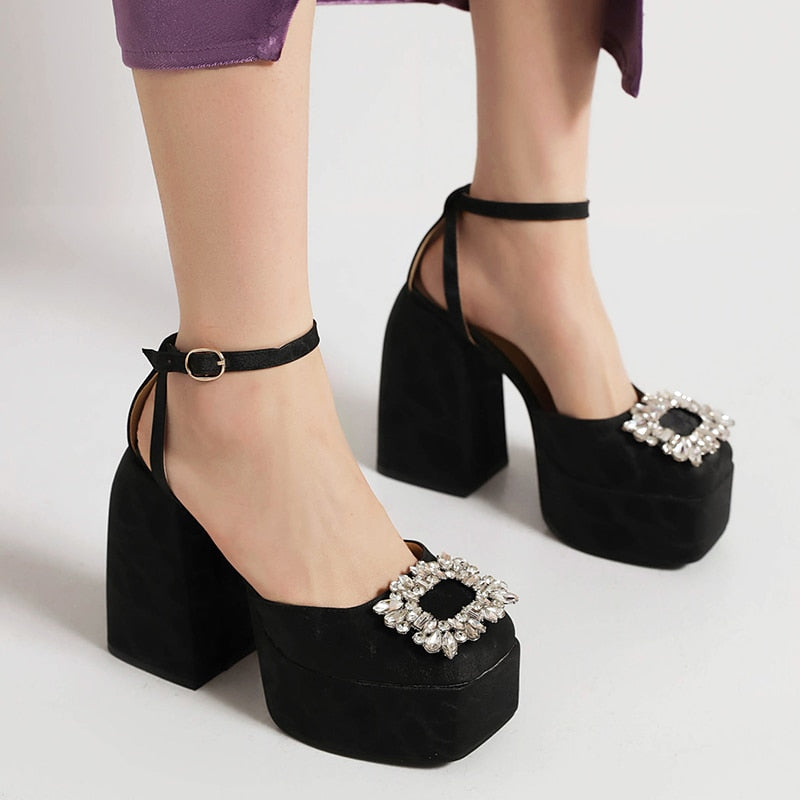 Square Toe Rhinestone Sandals Satin Fabric Ankle Strap Platform Heels