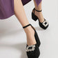 Square Toe Rhinestone Sandals Satin Fabric Ankle Strap Platform Heels