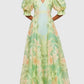 Green Printing V Neck Short Puff Sleeve High Waist Folds Long Dress