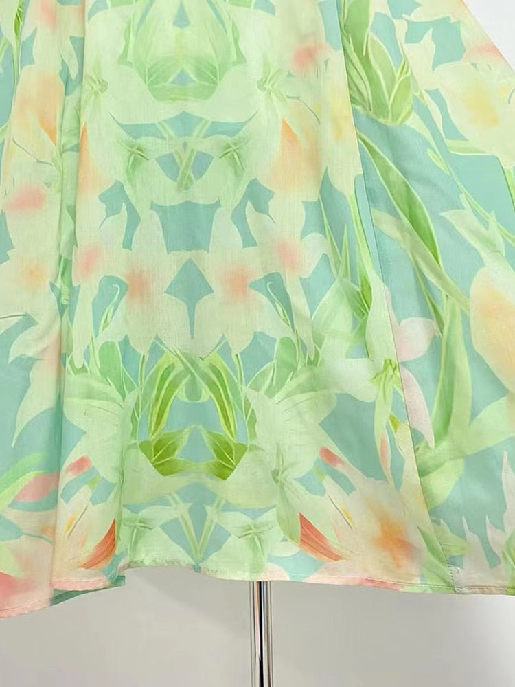 Green Printing V Neck Short Puff Sleeve High Waist Folds Long Dress