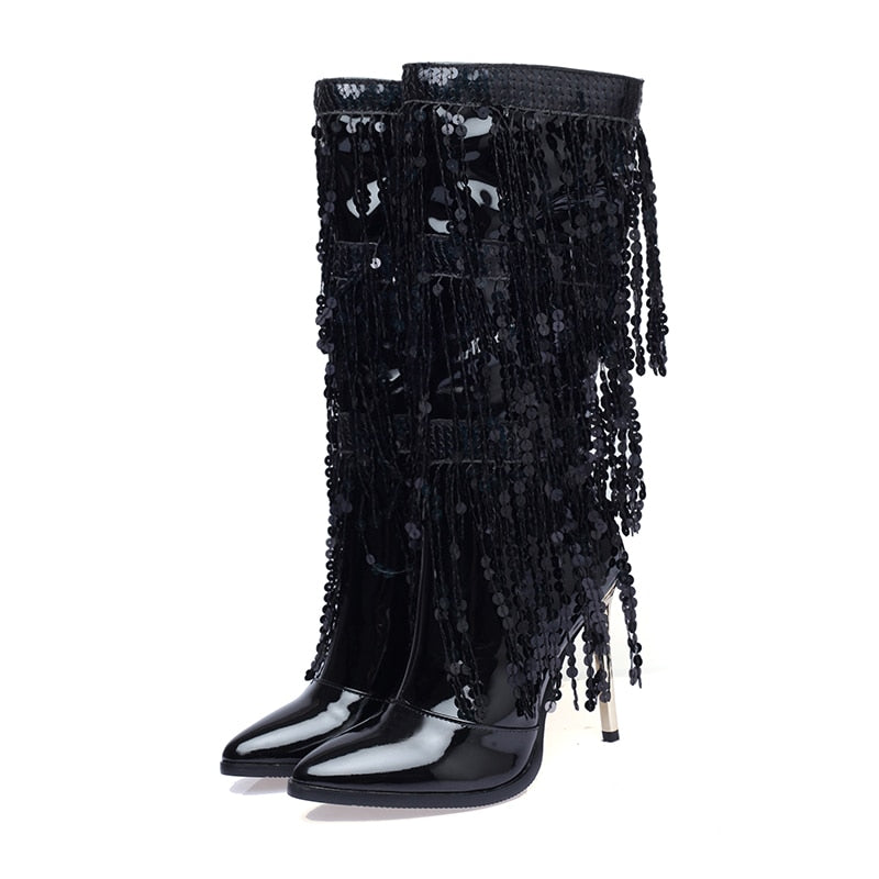 Patent Leather Rhinestone Fringed Catwalk Boots Pointed Toe Stiletto Heel Knee Boots