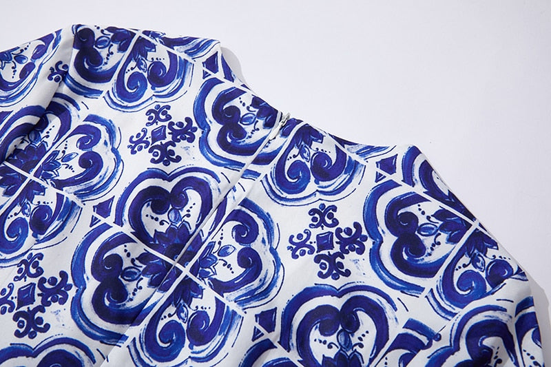 Sicily Blue Flowers Print A-Line Dress