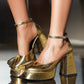 Gingham Shiny Microfiber Fringed Platform Sandal Heels
