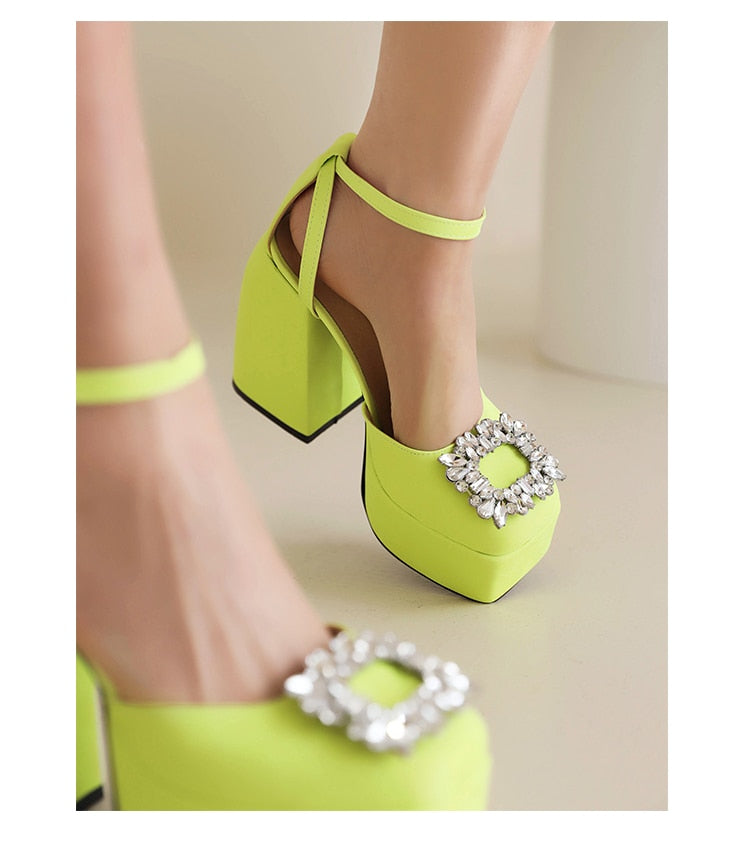 Square Toe Rhinestone Sandals Satin Fabric Ankle Strap Platform Heels