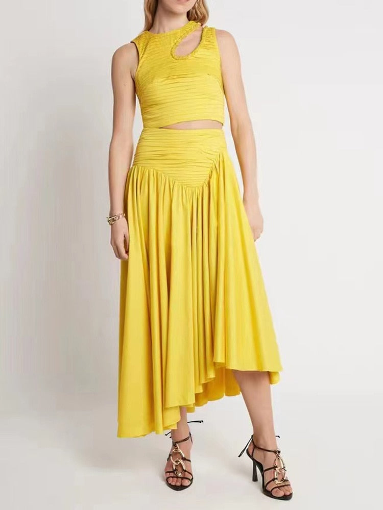 Two Piece Round Neck Sleeveless Hollow Out Crop Top Irregular Hem Pleated Skirt Set