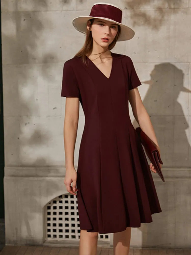 Solid V-neck A-line Slim Midi Dress