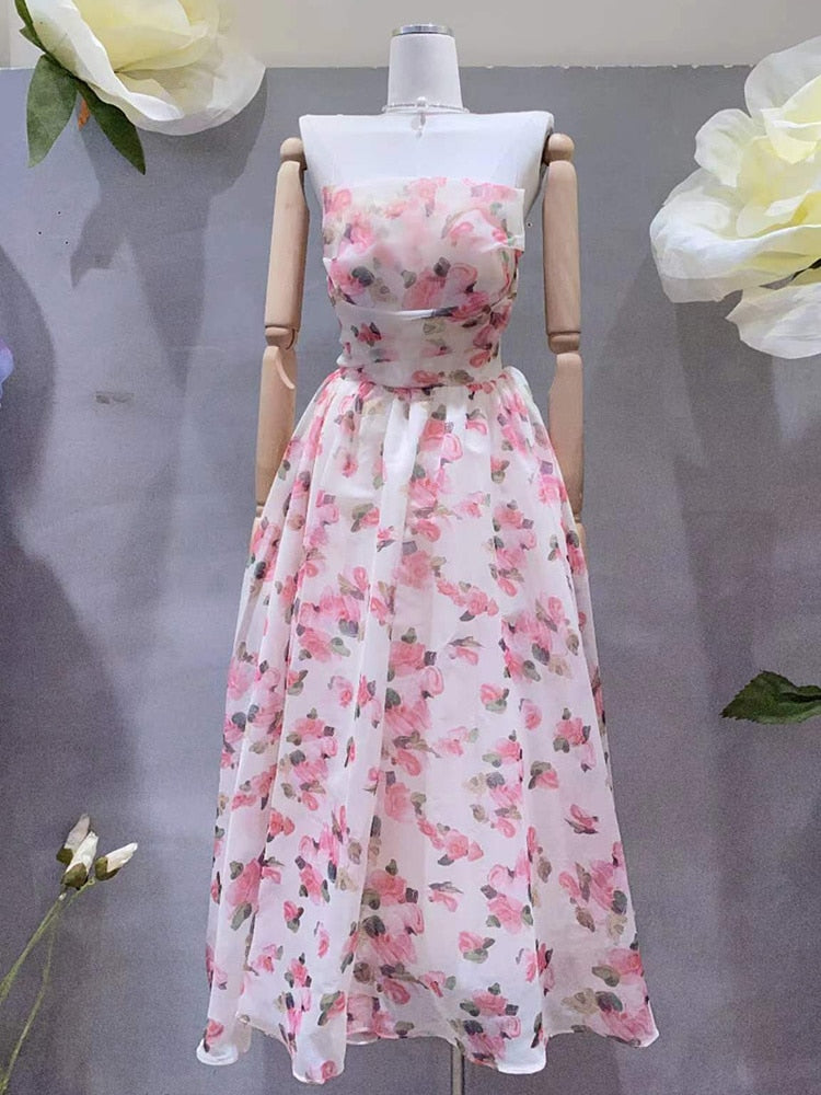 Print Square Collar Sleeveless High Waist Spliced Ruched Sweet Camisole Dress
