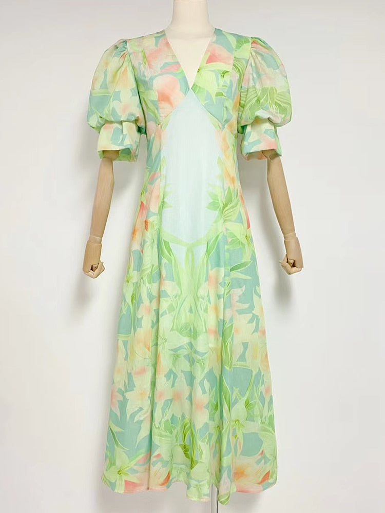 Green Printing V Neck Short Puff Sleeve High Waist Folds Long Dress