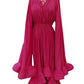 Ruffles Irregular Solid V Neck Cloak Sleeves High Waist Spliced Lace Up Loose Folds Dress