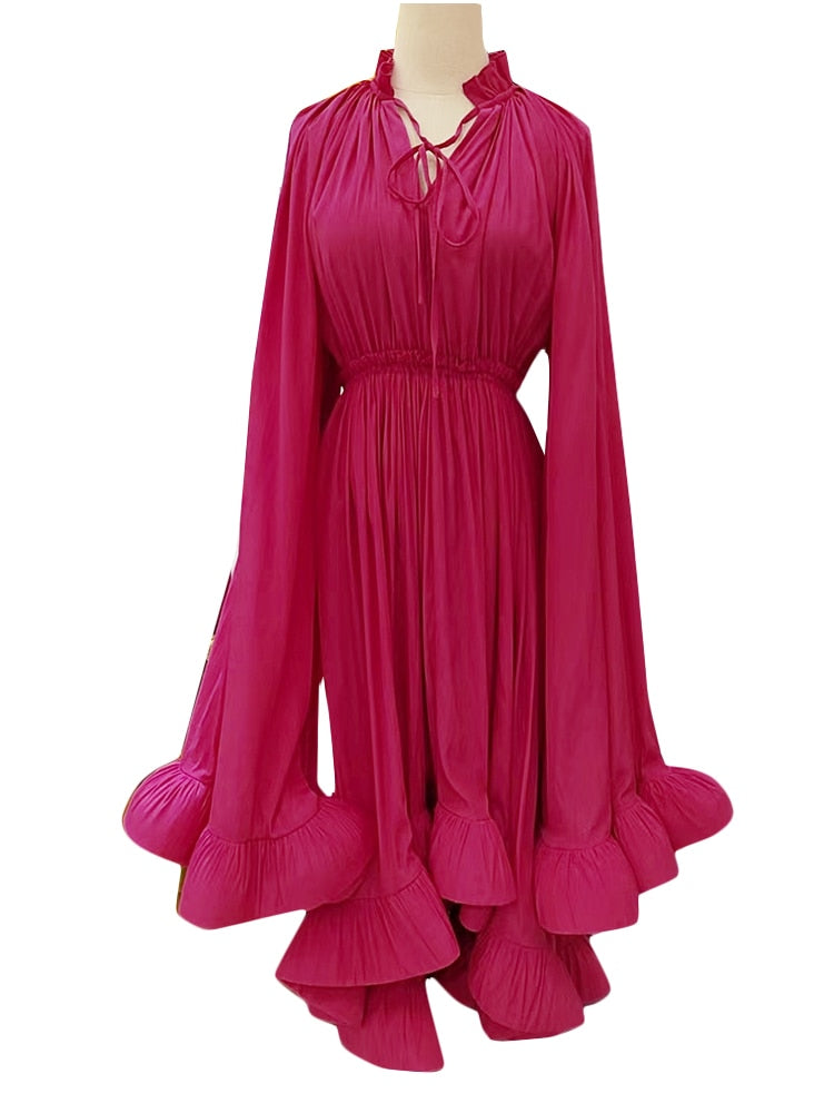 Ruffles Irregular Solid V Neck Cloak Sleeves High Waist Spliced Lace Up Loose Folds Dress