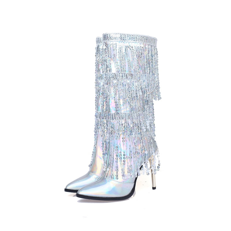 Patent Leather Rhinestone Fringed Catwalk Boots Pointed Toe Stiletto Heel Knee Boots