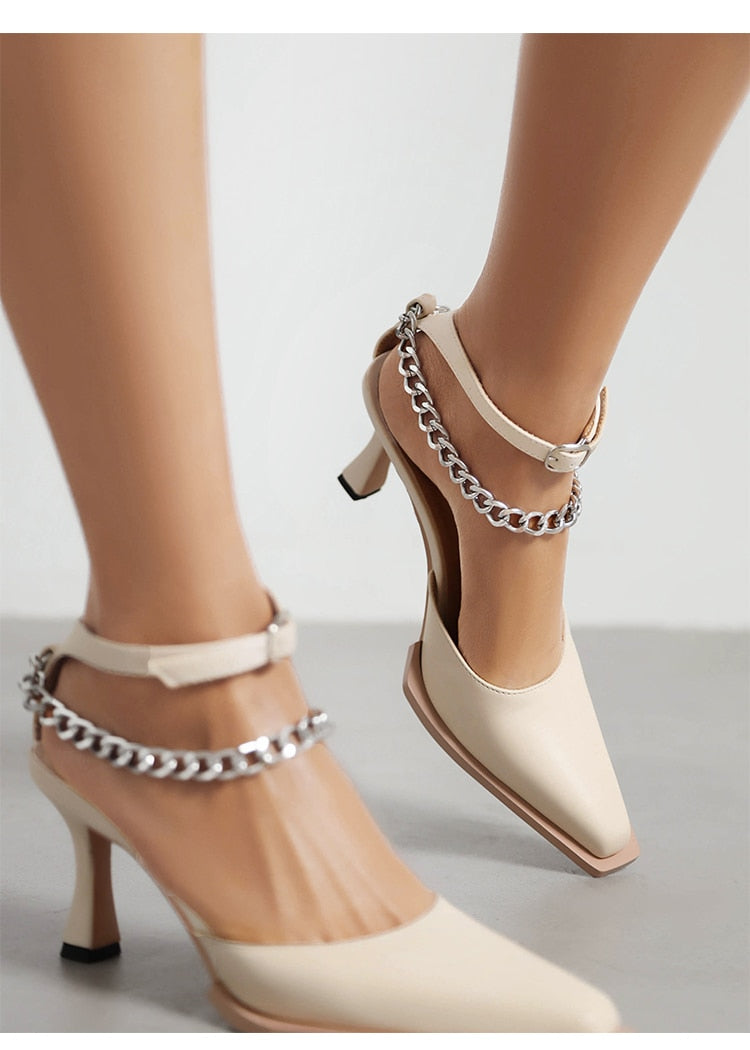 Square Toe Chain Ankle Buckle Heels