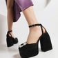 Square Toe Rhinestone Sandals Satin Fabric Ankle Strap Platform Heels