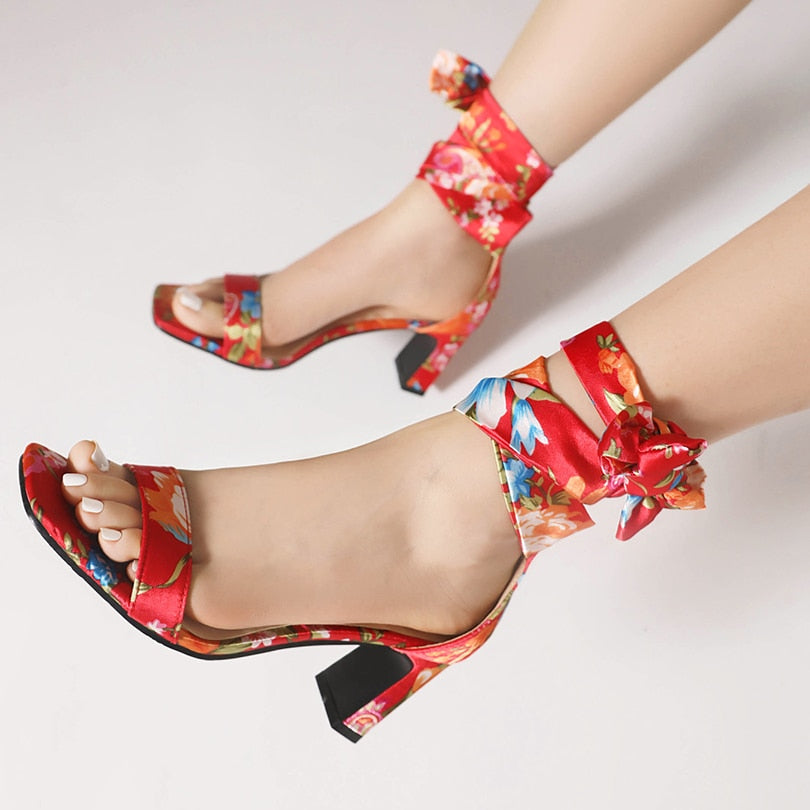 Classic Retro Printed Silk Ankle Bow Knot Heels