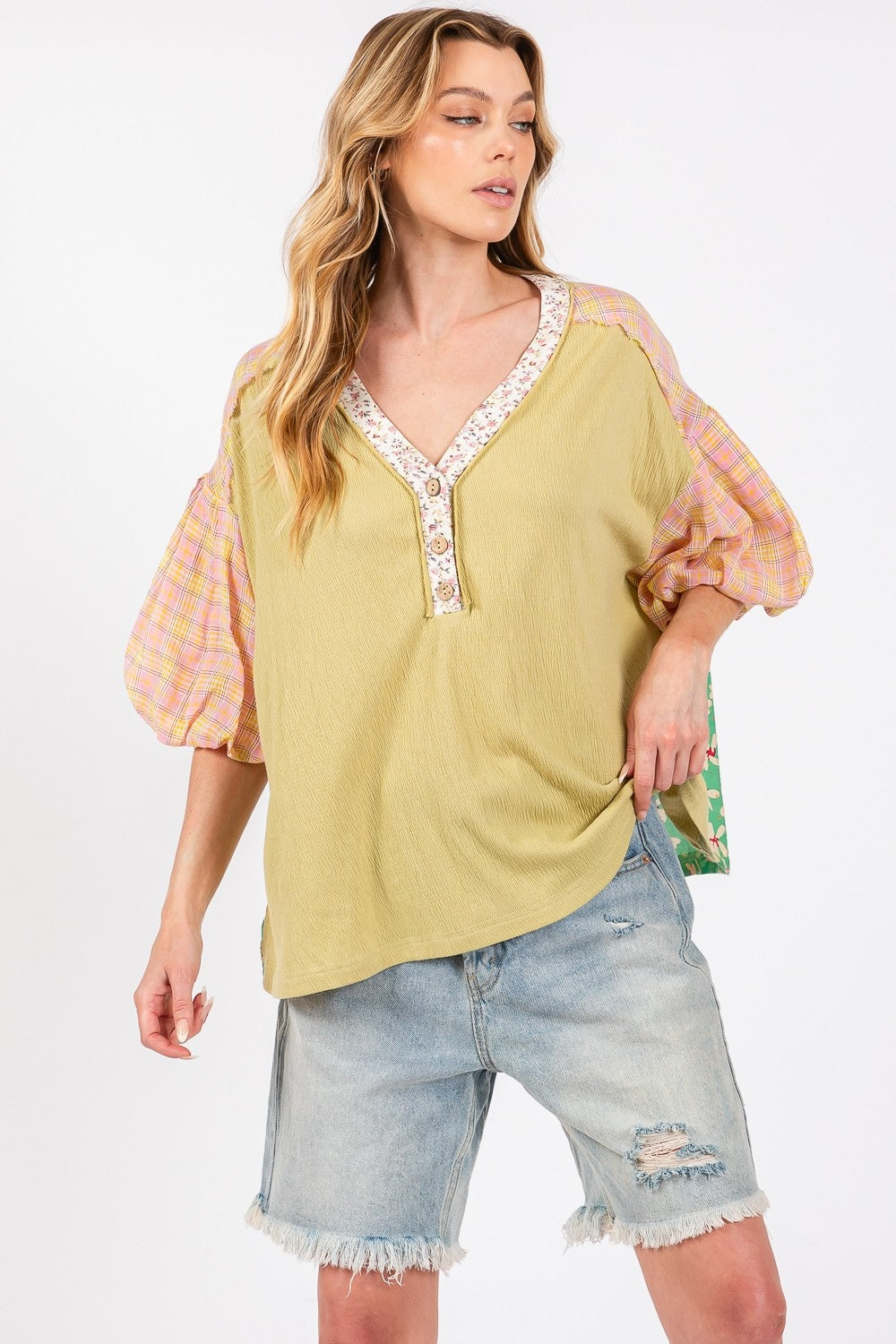 SAGE + FIG Color Block Bubble Sleeve Top