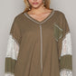 POL V-Neck Lace Balloon Sleeve Exposed Seam Top