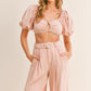 MABLE Cut Out Drawstring Crop Top and Belted Pants Set