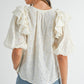 MABLE Eyelet Lace Ruffle Shoulder Puff Sleeve Blouse