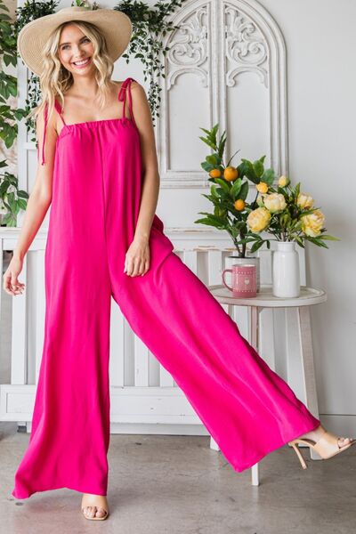 Veveret Pocketed Spaghetti Strap Wide Leg Jumpsuit