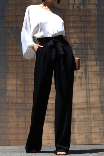 Dress Day Marvelous in Manhattan One-Shoulder Jumpsuit in White/Black