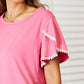 Double Take Pom-Pom Trim Flutter Sleeve Round Neck T-Shirt