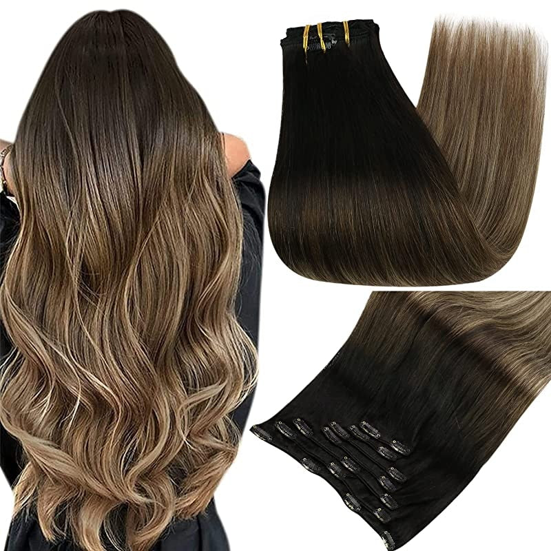 Clip In Human Hair Extensions Balayage Ombre Blonde Black Hairpins 7pcs 120g Double Weft 100% Machine Remy