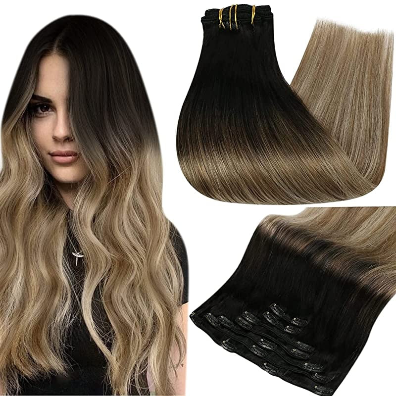 Clip In Human Hair Extensions Balayage Ombre Blonde Black Hairpins 7pcs 120g Double Weft 100% Machine Remy