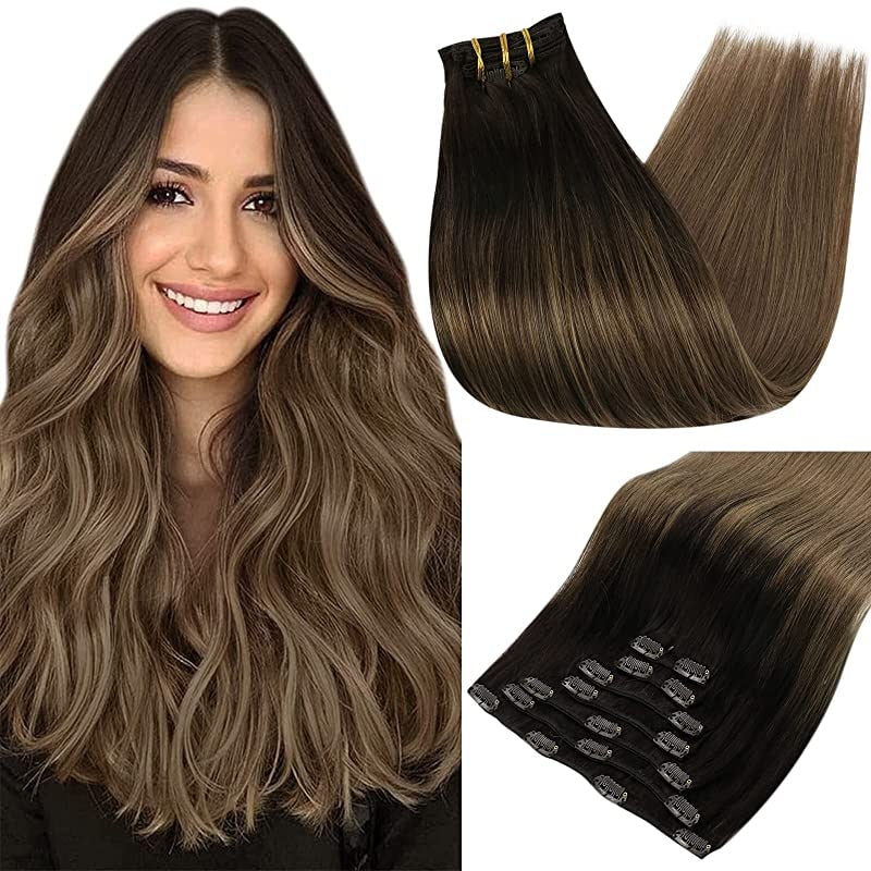 Clip In Human Hair Extensions Balayage Ombre Blonde Black Hairpins 7pcs 120g Double Weft 100% Machine Remy