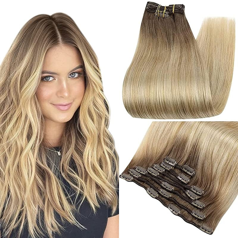 Clip In Human Hair Extensions Balayage Ombre Blonde Black Hairpins 7pcs 120g Double Weft 100% Machine Remy