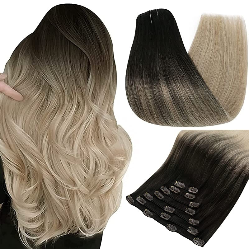 Clip In Human Hair Extensions Balayage Ombre Blonde Black Hairpins 7pcs 120g Double Weft 100% Machine Remy