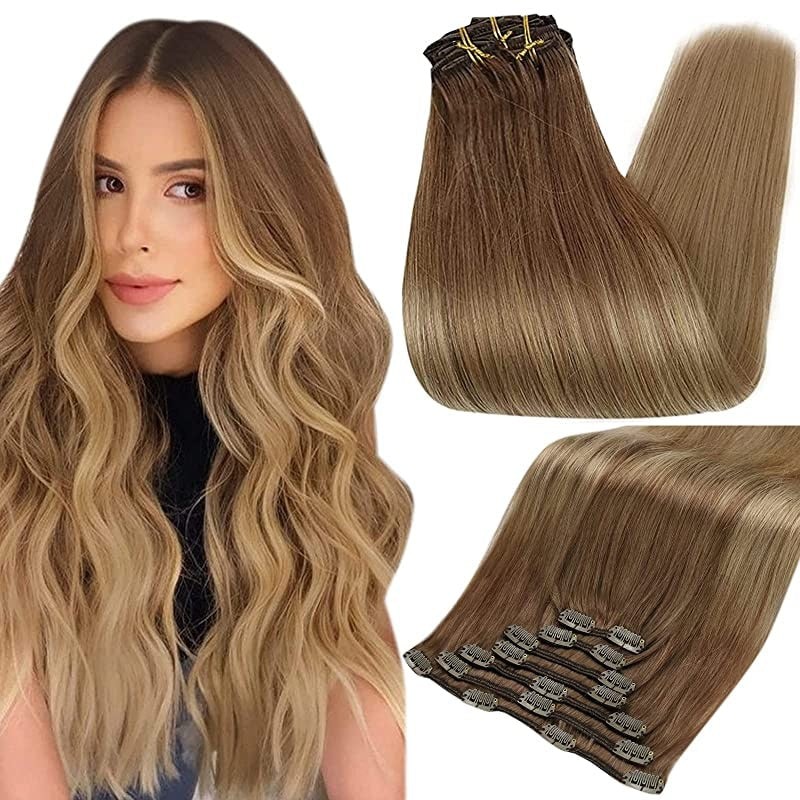 Clip In Human Hair Extensions Balayage Ombre Blonde Black Hairpins 7pcs 120g Double Weft 100% Machine Remy