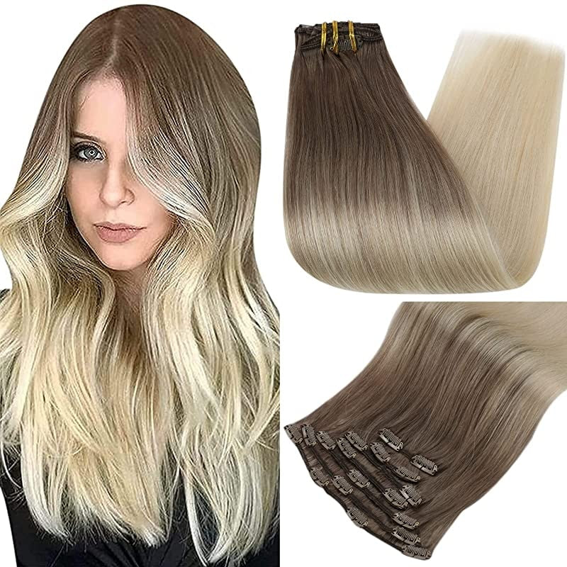 Clip In Human Hair Extensions Balayage Ombre Blonde Black Hairpins 7pcs 120g Double Weft 100% Machine Remy