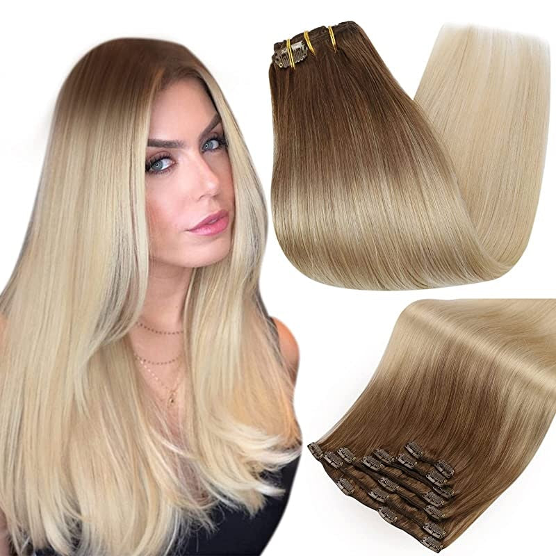 Clip In Human Hair Extensions Balayage Ombre Blonde Black Hairpins 7pcs 120g Double Weft 100% Machine Remy