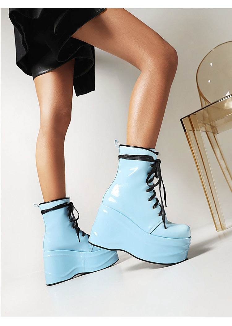 Punk Style Super High Waterproof Platform Flat-Bottomed Boots Cross-Lace Bright Patent Leather Shoes