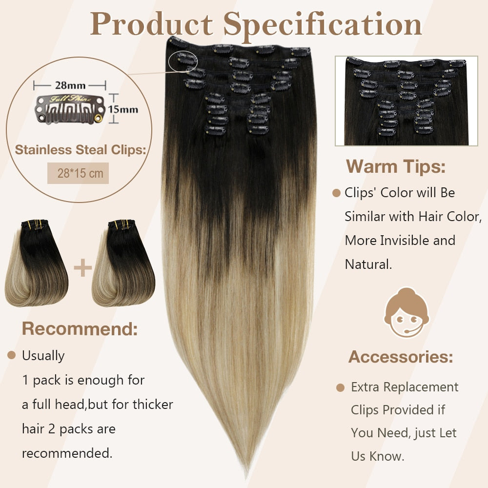 Clip In Human Hair Extensions Balayage Ombre Blonde Black Hairpins 7pcs 120g Double Weft 100% Machine Remy