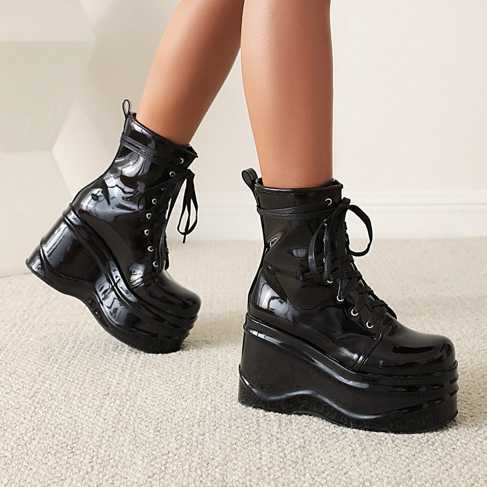 Punk Style Super High Waterproof Platform Flat-Bottomed Boots Cross-Lace Bright Patent Leather Shoes