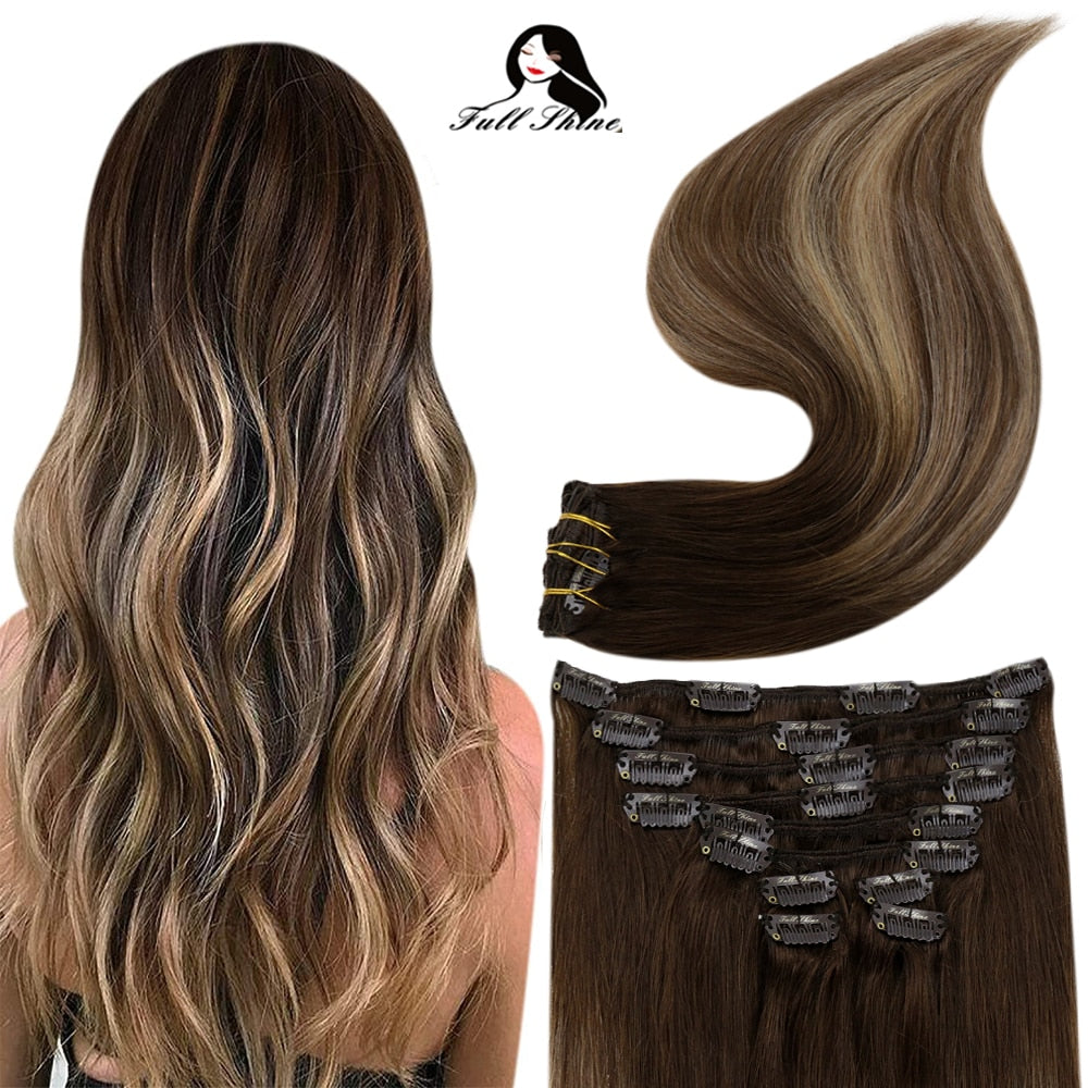 Clip In Human Hair Extensions Balayage Ombre Blonde Black Hairpins 7pcs 120g Double Weft 100% Machine Remy