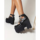 Silver Bat Buckle 3-Breasted Punk Style Wedge Pumps Ultra-High Waterproof Platform Glossy Patent Leather Trendy Shoes