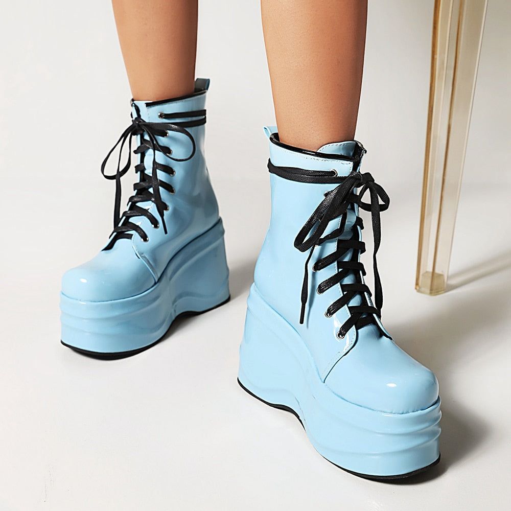 Punk Style Super High Waterproof Platform Flat-Bottomed Boots Cross-Lace Bright Patent Leather Shoes