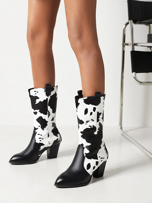 Oversized Cow Pattern Pointed Toe Thick Heel Mid-Pipe Boots Plush Lining Chimney Style Slip-On Chelsea Boots