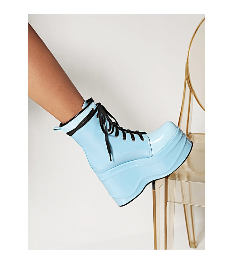 Punk Style Super High Waterproof Platform Flat-Bottomed Boots Cross-Lace Bright Patent Leather Shoes