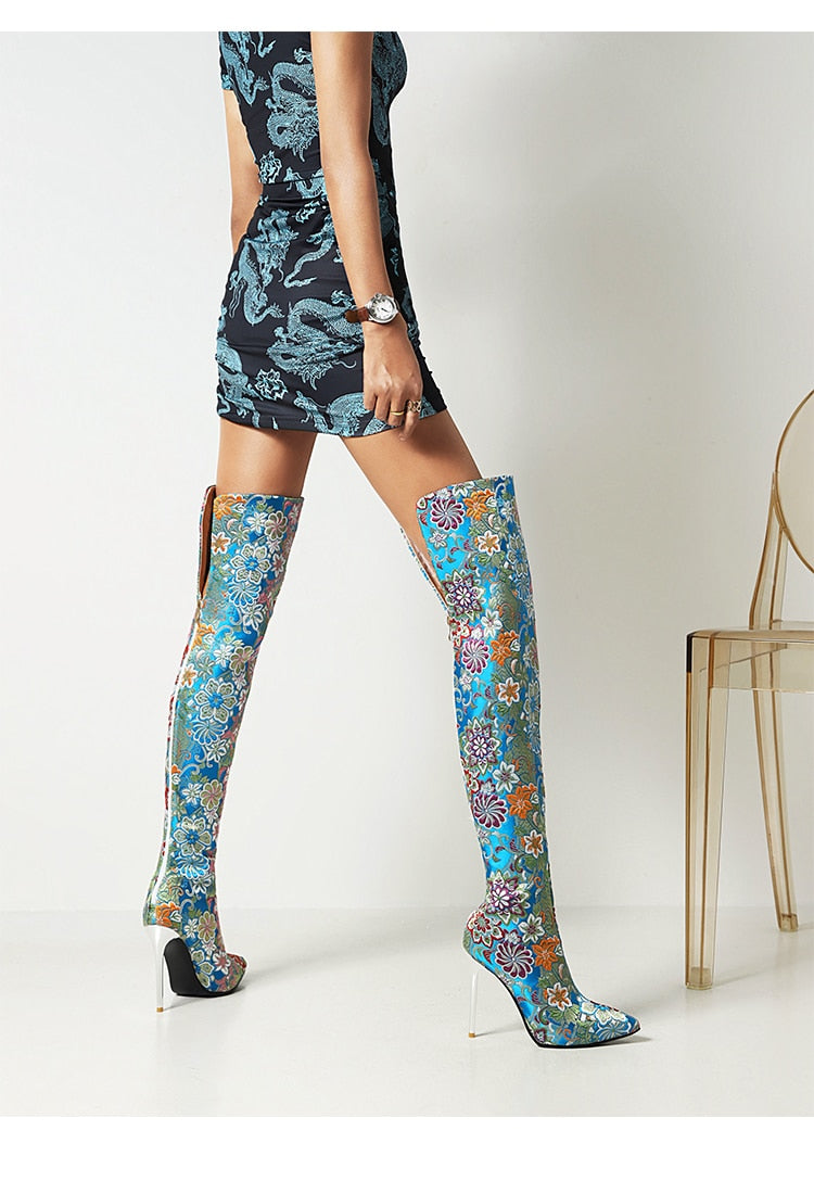 Embroidery Pointed Toe Over-The-Knee Crystal Stiletto Boots